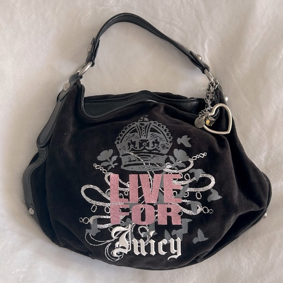 Juicy Couture Handbags - Juicy Couture Y2K “Live for Juicy” black velour bag 🖤🩷🩶